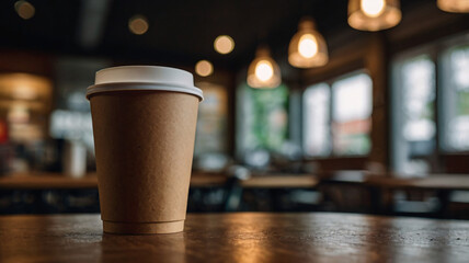 Blank take away craft paper cup of coffee on wooden table with blurred cafe background for copy space of mock up, 3D rendering, & photo.