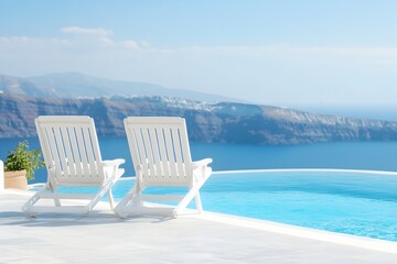 Serene and Tranquil Getaway by the Pool in Picturesque Santorini Greece  A peaceful and rejuvenating setting with azure skies overlooking the beautiful Mediterranean coastline