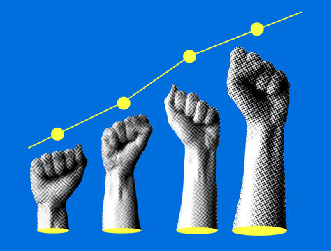 Modern collage with sales chart. Halftone hands raised up with closed fist. Concept of financial success. Teamwork 