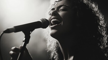 Close-up black and white photo of a singer passionately performing under a spotlight, highlighting expressive emotion and engagement.