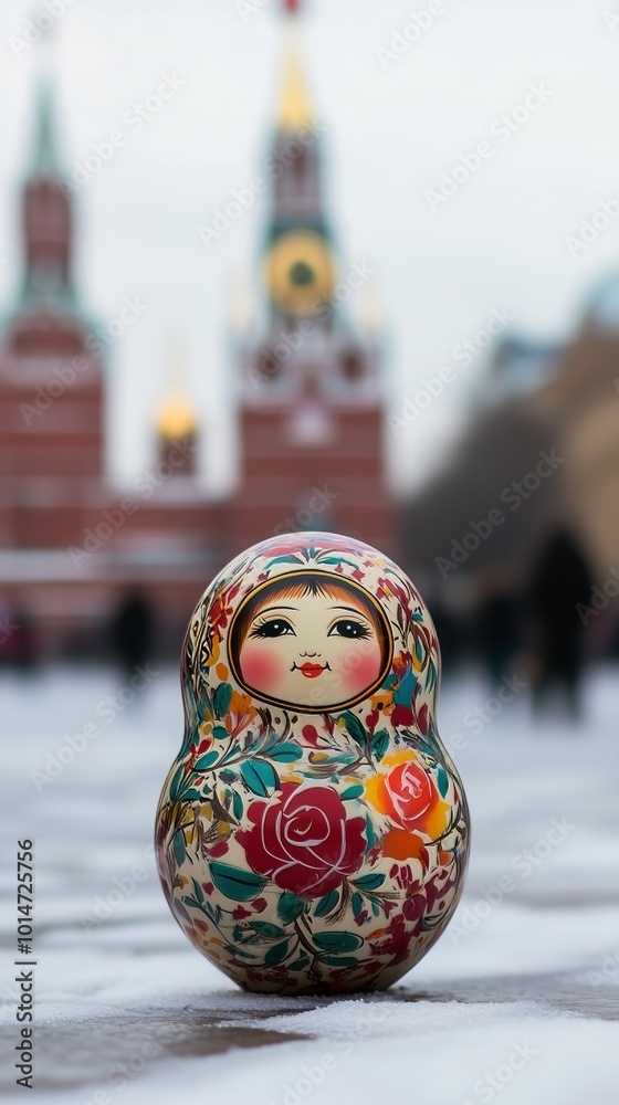 Wall mural Traditional Russian matryoshka doll in Red Square, Moscow. Snow adds a wintry charm to the historic background.