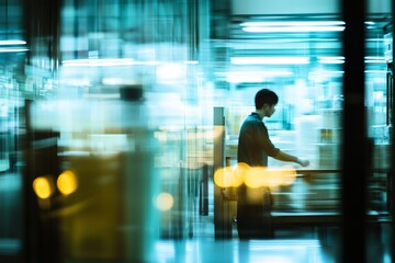 Dynamic motion blur of person in industrial environment, capturing energy and speed in a futuristic setting.
