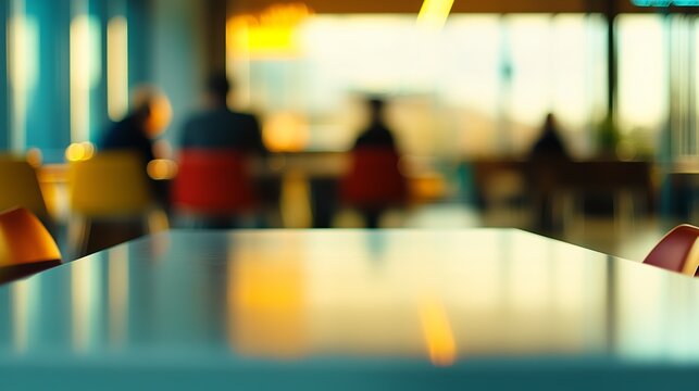 An empty cafeteria table in focus with a vibrant, blurred background of colorful chairs and people in a sunlit setting.