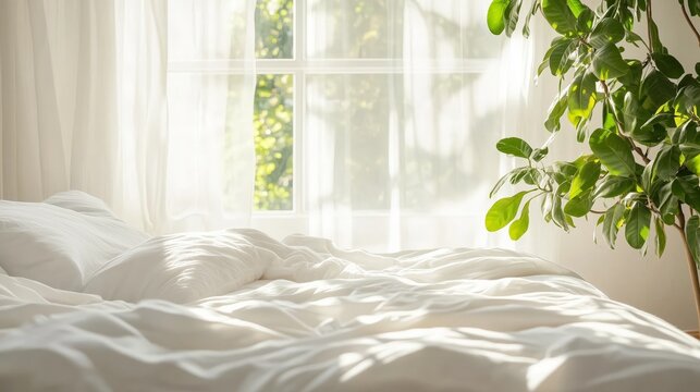 Bright bedroom with sunlight filtering through sheer curtains onto a white bed beside a lush indoor plant.