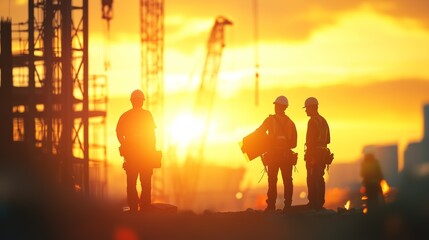 Fototapeta premium Silhouetted construction workers stand on a site during sunset, with cranes and urban skyline in the background.