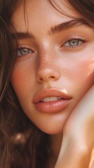 Fototapeta premium Closeup portrait of a woman with freckles, soft natural makeup, and serene expression. Ideal for beauty and skincare themes.