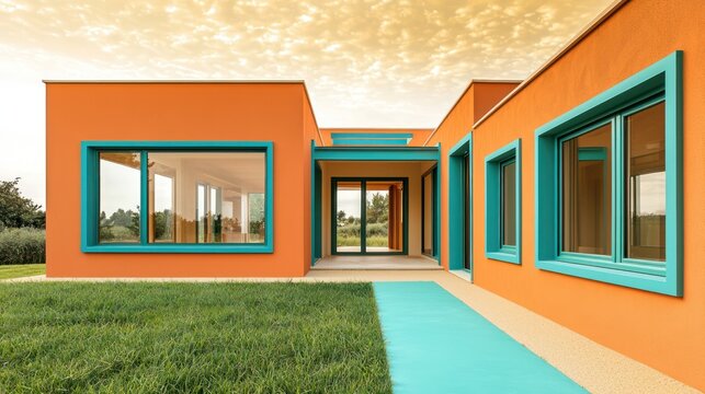 Contemporary house with teal window frames and orange walls, featuring a terrace and beige flooring A turquoise path leads to the entrance Olive green grass under a gold sky