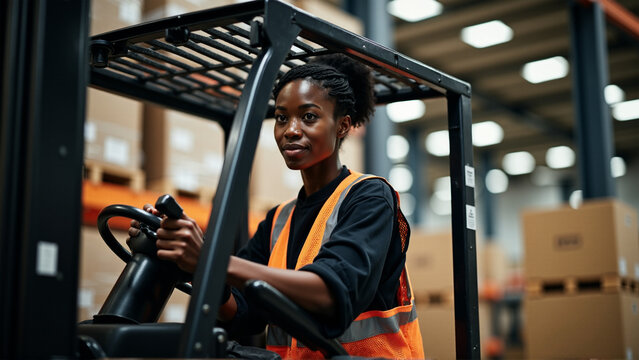 Smiling women worker using forklift