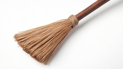 A broomstick with wooden handle and straw bristles close up   Essential witch accessory for Halloween designs   realistic   Double exposure   Isolated white background