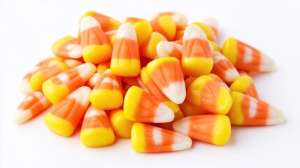 A candy corn pile with vibrant orange, yellow, and white stripes close up   Sweet and classic Halloween candy   vibrant   Double exposure   Isolated white background