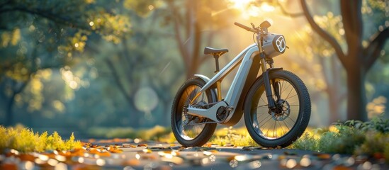 Naklejka premium Sleek and futuristic electric mountain bike navigating a woodland trail at sunset showcasing the innovation and eco friendly mobility of modern transportation