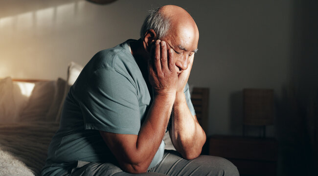 Retirement, thinking and old man in home, illness and depression in morning, stress and mental health. House, sick and fear of disease, sad and anxiety for alzheimer, contemplating and senior person