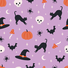 Halloween seamless pattern. Cute background for Halloween party fabric or kids stuff. Pumpkin, scull, mushroom, black cat, spider, moon, witch hat etc in cartoon flat style. Vector illustration