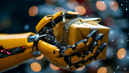 robotic arm holding a wrapped present symbolizes the fusion of technology and gifting, highlighting automation in modern celebrations