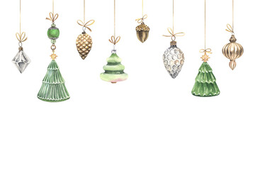 Christmas toys, bright set of silver, gold pendants and green Christmas trees, isolated watercolor illustrations of winter decors, festive frame for greeting or invitation card, hand-drawn ornaments.