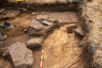 view of a soil excavation sampling in an archaeological site during an archeological dig,...