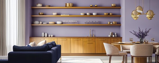 Contemporary living area with amber kitchen cabinets, wooden shelves, lavender walls, gold lighting, navy blue sofa, and sand dining chairs