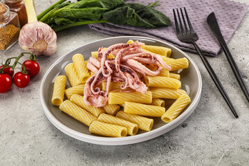 Italian cuisine - pasta tortiglioni with squid