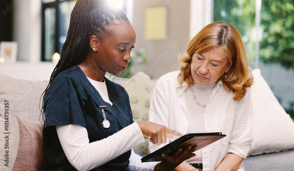 Poster Healthcare, support and tablet with nurse and old woman for results, occupational therapy and medical report. Helping others, volunteer and consulting with people in retirement home for update