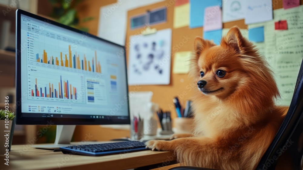 Poster A small, fluffy dog sits on a desk in front of a computer monitor with a graph visible on the screen. The dog is looking at the screen intently.