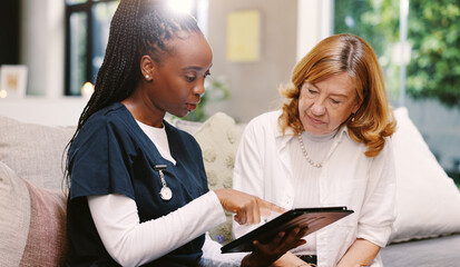 Healthcare, support and tablet with nurse and old woman for results, occupational therapy and...