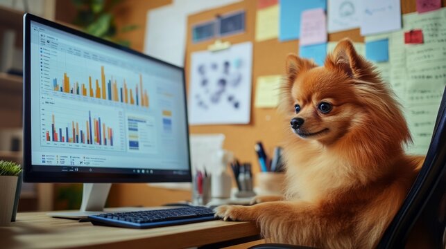 A small, fluffy dog sits on a desk in front of a computer monitor with a graph visible on the screen. The dog is looking at the screen intently.
