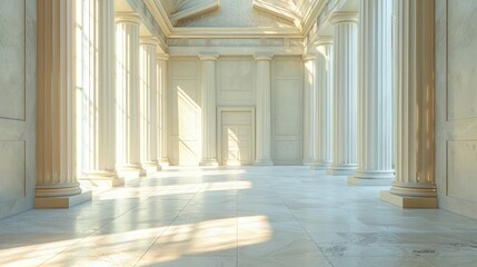 Fototapeta premium Grandiose marble hallway with rows of ornate columns and sunlight streaming through the windows creating a serene and sophisticated ambiance