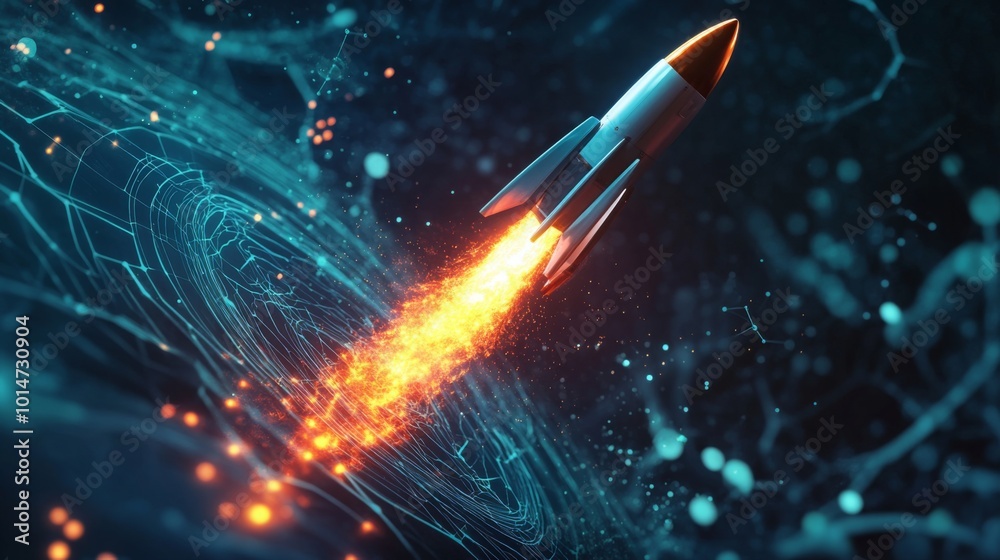 Fototapete a rocket soars upward, leaving a vibrant trail of orange flames against a swirling cosmic background