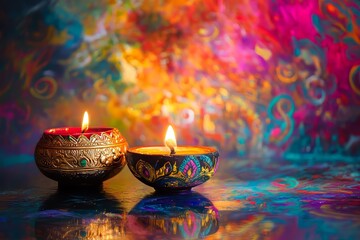 Two lit candles in two different colored bowls on a table. The scene has a warm and inviting atmosphere