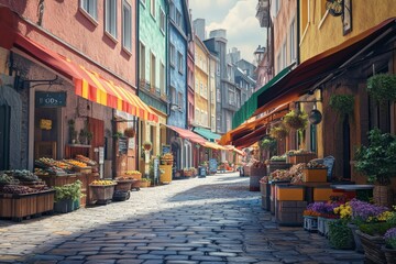 Fototapeta premium Vibrant European street market with colorful awnings, cobblestone streets, and historic architecture, captured with ultra realism and epic composition for travel photography.
