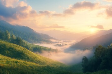 Misty mountain valley at sunrise with rolling green hills and layers of fog in the distance, captured with ultra realism and epic composition for high-end photography.