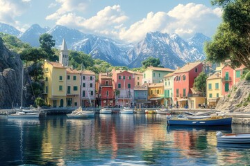Coastal town with colorful houses, boats docked in a serene harbor, with mountains in the background, captured with ultra realism and epic composition for travel photography.
