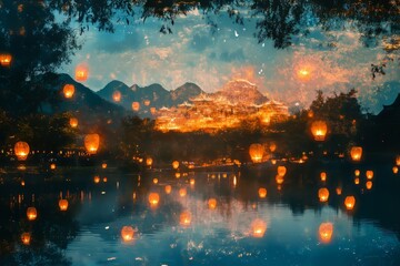 Obraz premium A mesmerizing scene of glowing lanterns floating on a serene lake, reflecting the illuminated mountains in the background, creating a magical nightscape.