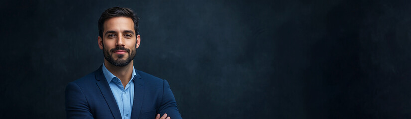 Fototapeta premium Confident Businessman in Formal Attire with Crossed Arms Against Dark Background