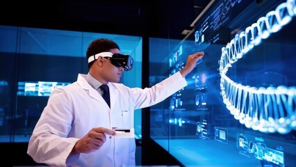 A scientist using virtual reality to interact with digital data in a lab environment.
