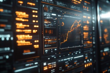 Obraz premium Crypto trading interface with glowing digital graphs and Bitcoin logos on a futuristic display, captured with ultra realism and epic composition for high-tech imagery.