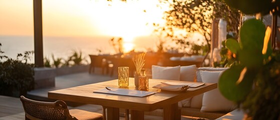 Obraz premium Stunning sunset view from a cozy restaurant terrace, featuring elegant table setup and refreshing drinks amidst natural beauty.