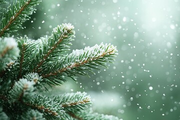 A snowy winter background with snowflakes and pine branches, creating an atmosphere of Christmas and New Year celebration. Winter.