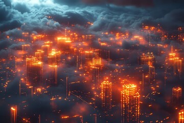 Fototapeta premium Digital data cloud visualized with glowing circuits and interconnected nodes, captured with ultra realism and epic composition for high-tech visuals.