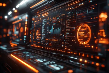 Obraz premium Futuristic data analysis dashboard with glowing graphs and flowing data streams, captured with ultra realism and epic composition for high-end visuals.