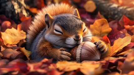 A cute squirrel sleeping in an acorn, surrounded by autumn leaves
