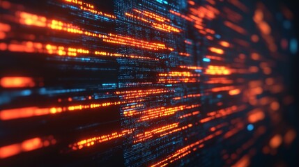 Fototapeta premium Abstract coding interface with glowing lines of code, floating in a dark digital space, captured with ultra realism and epic composition for high-tech visuals.