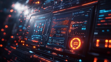 Obraz premium Close-up of a programming dashboard with a real-time coding interface in a futuristic design, captured with ultra realism and epic composition for high-tech visuals.