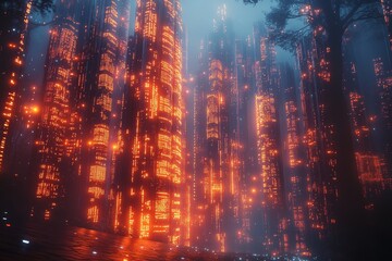 Fototapeta premium Abstract coding process visualized with glowing symbols and digital data flows, captured with ultra realism and epic composition for high-tech visuals.