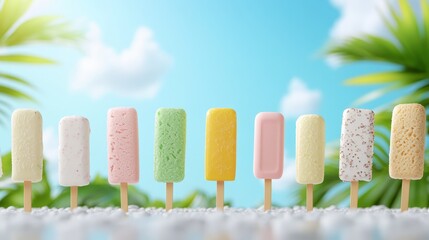 3D render of Fruity ice cream bars with different flavors lined up neatly against a tropical backdrop