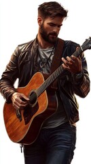 Obraz premium 25-year-old male guitarist with a short beard, wearing a leather jacket, strumming an acoustic guitar, detailed wood textures.