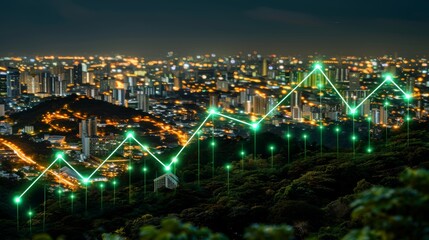 Fototapeta premium Transmission tower and sparkline chart depict soaring electricity prices during energy crisis