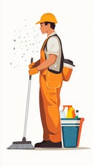 Stylized image of a janitor holding a mop and cleaning supplies, flat style on white background.