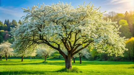 Fototapeta premium A beautiful pear tree blooms with white flowers, set against a vibrant green backdrop, perfect for nature and spring photography lovers seeking inspiration.
