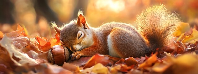 Fototapeta premium A cute squirrel sleeping in an acorn, surrounded by autumn leaves